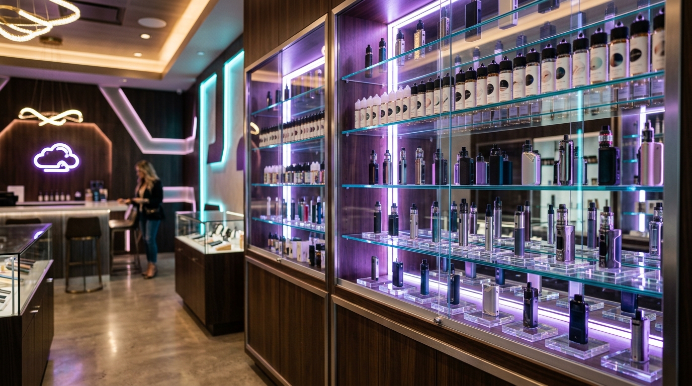 Vape display racks at Cullen Smoke & Vape Houston TX